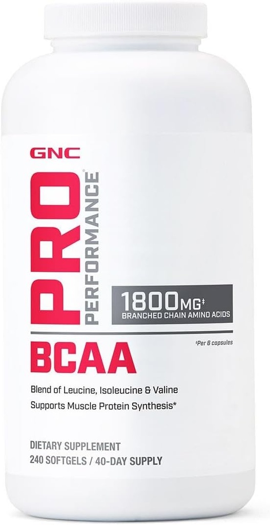 GNC Pro Performance BCAA 1.8g, 3rd Party Tested Supplement for Men & Women, Branched Chain Amino Aminoácidos, Essential Amino Acids Supports Muscle Protein Synthesis, 240 Softgels, 40 SVG