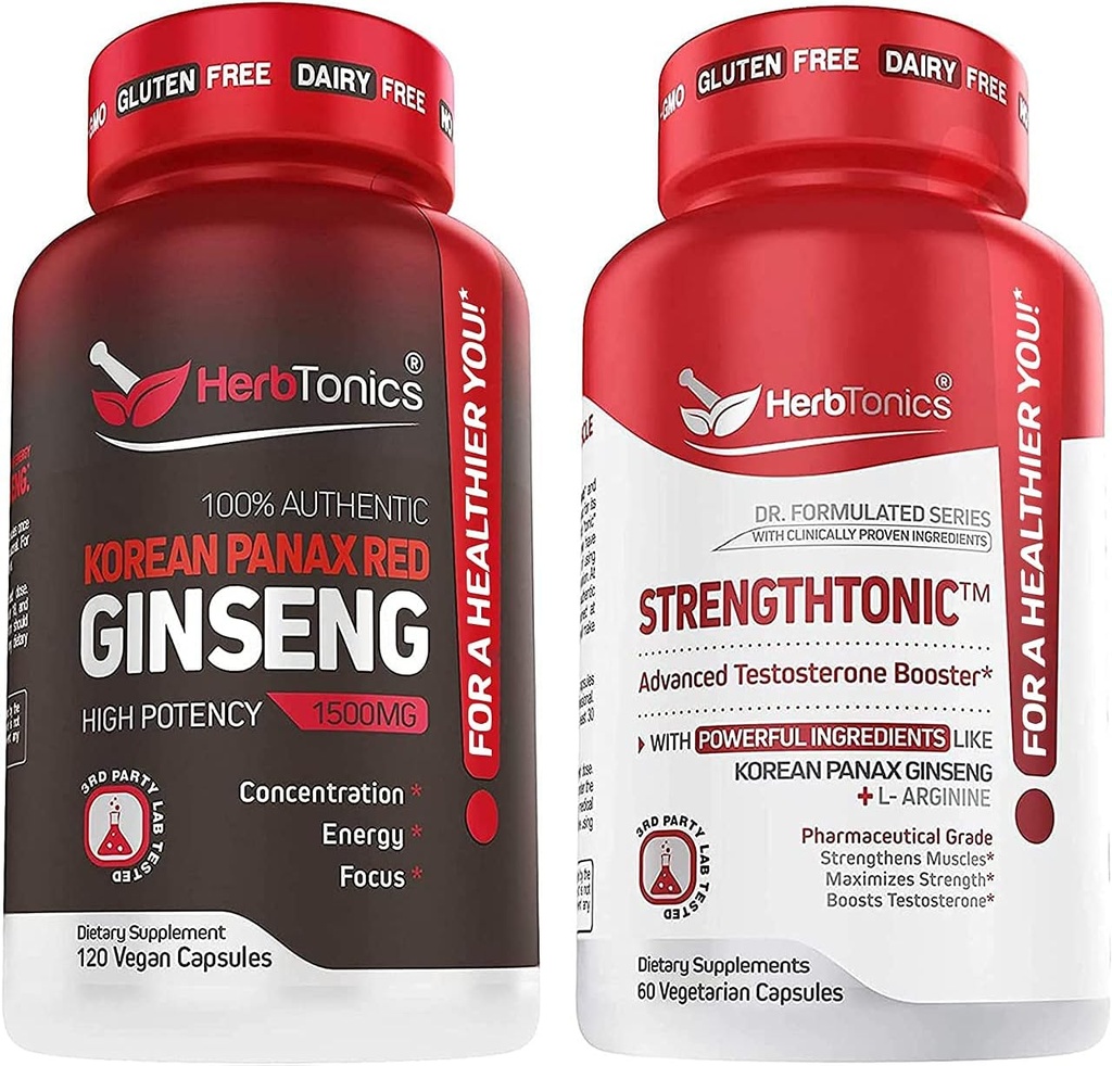 Herbtonics Korean Panax Red Ginseng y Strengthtonic Testosterone Booster para Hombre Bundle