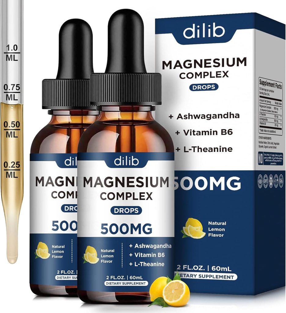 (2 Pack) Magnesium Glycinate, Citrato, Malate Liquid Drops-Triple Magnesium Complex Suplemento 500mg con Ashwagandha, L-Theanine, Vitamina B6-Support Calm, Stress Relief, Sleep, Muscle-Lemon Flavor