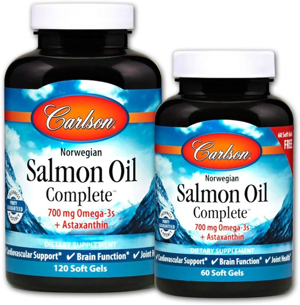 Carlson - Aceite de Salmón Completa, 700 mg Omega-3 + Astaxanthin, Norwegian, Heart, Brain & Joint Health, 120+60 Softgels