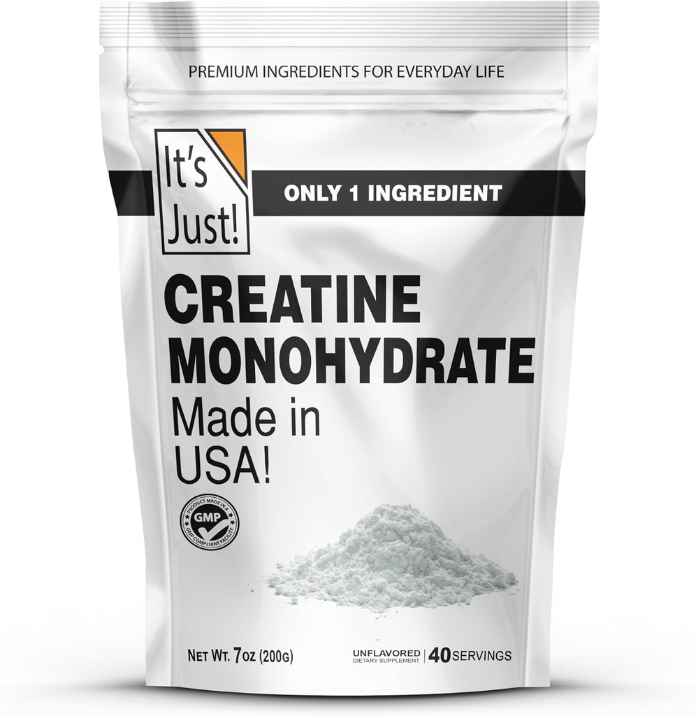 ¡Es sólo! - Polvo de Monohidrato de Creatina, Polvo de Creatina Pura, Hecho en EE.UU., Laboratorio de 3er Partido Tested, 5g Por Serving, Scoop Incluido, No Fillers, No Añadido Flavor (Desarrollado, 200g / 40 Servings)