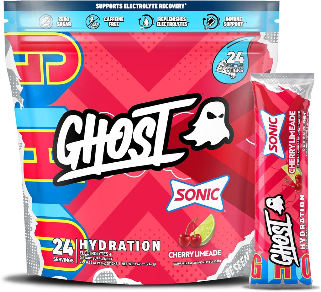 GHOST Hydration Packets, Sonic Cherry Limeade, 24 Sticks, Electrolyte Powder - Drink Mix Suplemento con Magnesio, Potasio, Calcio, Vitamina C - Vegan Friendly, Libre de Soy, Azúcar & Gluten