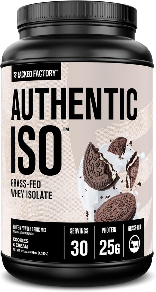 Fábrica Jacked Authentic ISO Grass Fed Whey Protein Isolate Powder - Low Carb, Non-GMO Muscle Building Protein w/No Fillers, Post Workout Recovery, Cookies & Cream