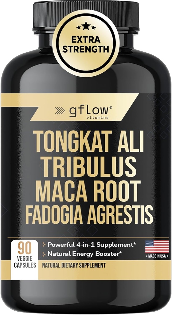 Tongkat Ali Extract - Fórmula de Fuerza Extra con Tribulus Terrestris, Maca Root y Fadogia Agrestis - Resistencia, Vitalidad, Energía, Mood Support - Terceros Testados - Vegan Capsules - USA Made