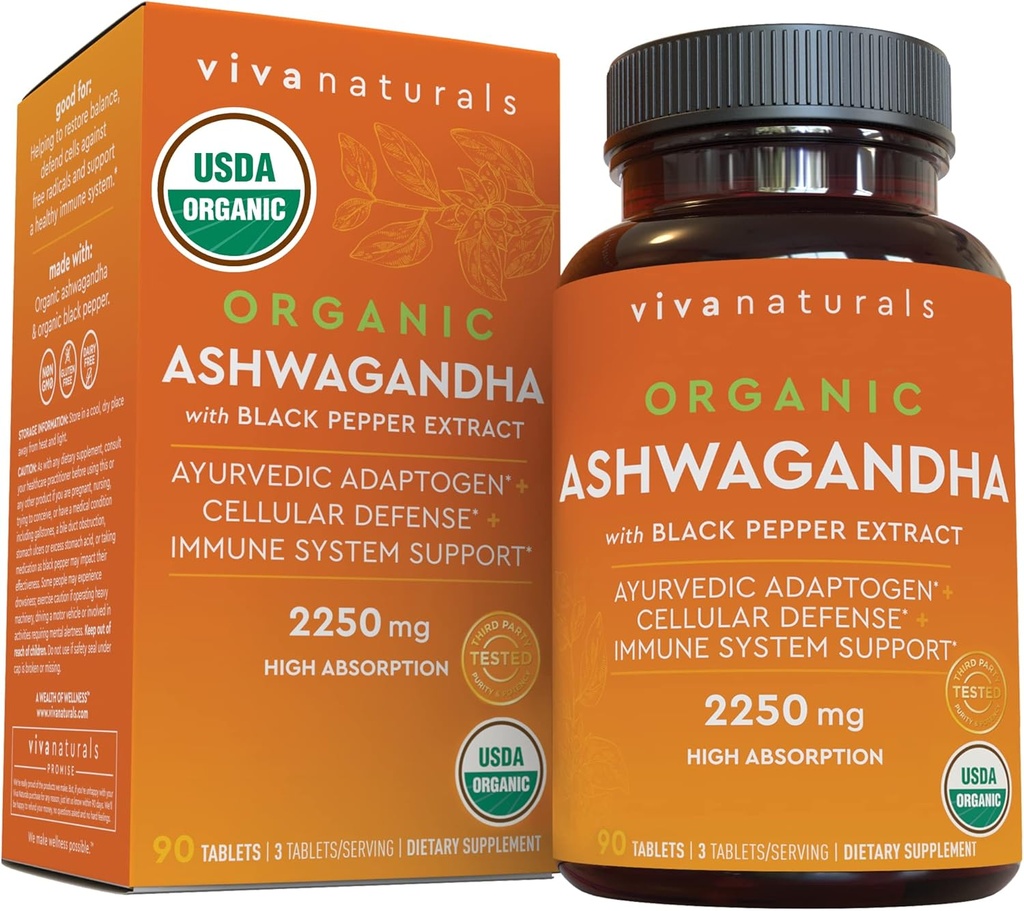 Organic Ashwagandha Suplemento con Black Pepper - Incluye 2250 mg Ashwagandha Root Powder " Organic Black Pepper for Superior Absorption (90 Tablets), Antioxidante " Immune Support