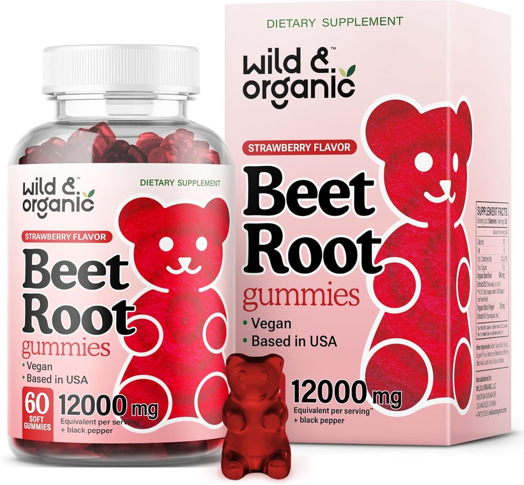 Wild & Organic Beet Root Gummies 12000 mg - Red Beets Supplements for Women and Men with Beet Poroot Powder - 60 Pectin-Based Chews