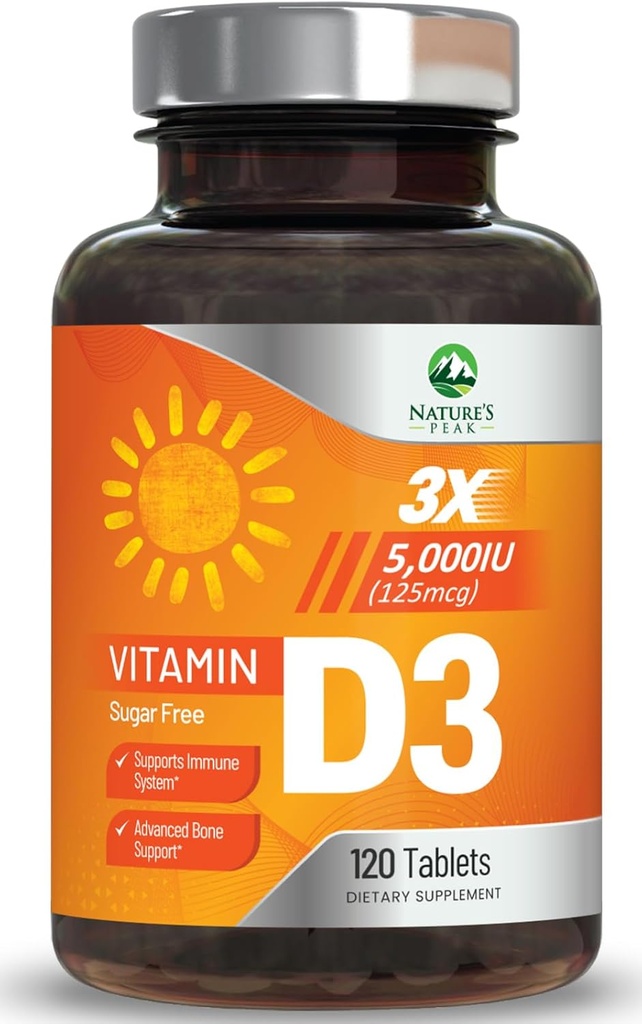 Vitamina D3 5000iu (125 mcg) Immune Health Support - High Potency Vitamin D Dietary Supplement for Bone, Teeth, Muscle - Nature's VIT D, Vegan, Gluten Free, Raspberry Flavor - 120 Chewable Tablets