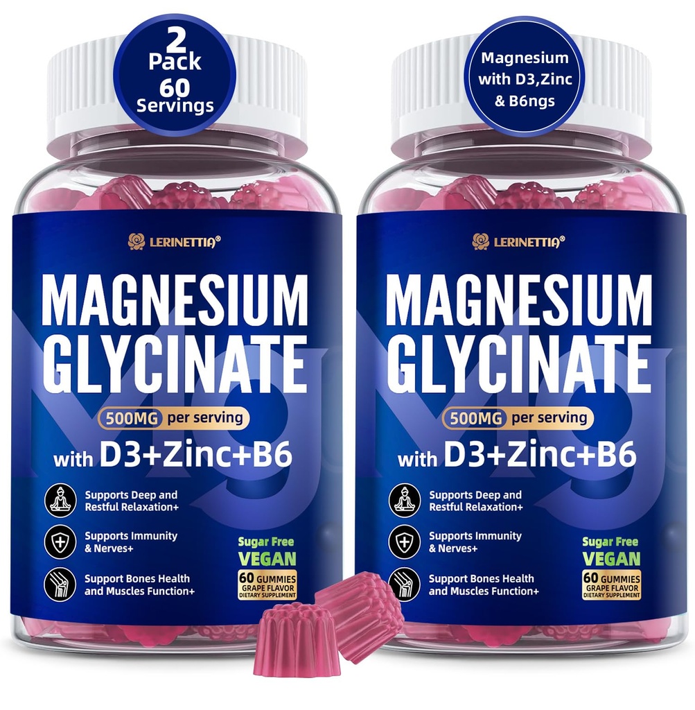 Magnesium Glycinate 500mg/250mg para adultos adolescentes - Plus D3,B6 &amp; Zinc - Magnesium Glycinate Gummies,High Absorption - Support for Relaxation,Brain,Bone &amp; Immunity Health - Sugar Free - 120Cts