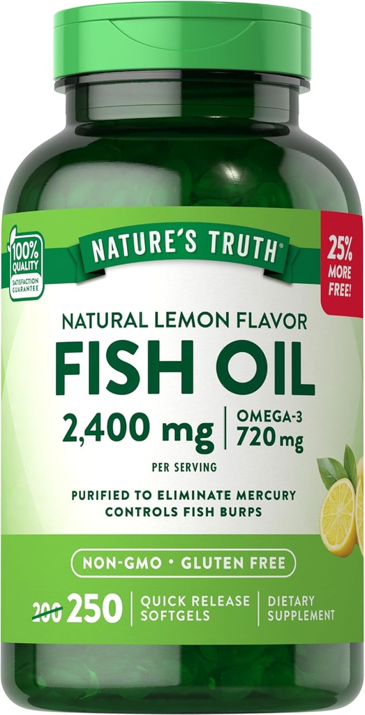 La verdad de la naturaleza Burpless Fish Oil 2400mg ← 250 Softgels TEN 720 mg Omega 3 Silencio Natural Lemon Flavor Pills ← Non-GMO & Gluten Free Supplement