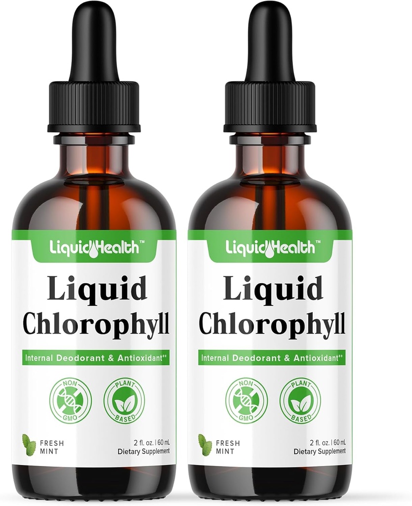 LIQUIDHEALTH Gotas de clorofila líquida - Deodorizador interno, Antioxidantes, Detox del hígado, Apoyo inmune, Alivio de la respiración mala, Reducir la repetición, Collagen para la salud del cabello y la piel - Vegan, No GMO (2 Pack)