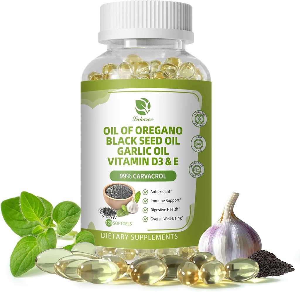 Aceite de orégano con aceite de semilla negra, aceite de ajo, vitamina D3 E, 99% Carvacrol de alta concentración - Antioxidante, Immune & soporte digestivo*, 120 cápsulas de Softgels, 60 días de suministro, no GMO  durable GMP