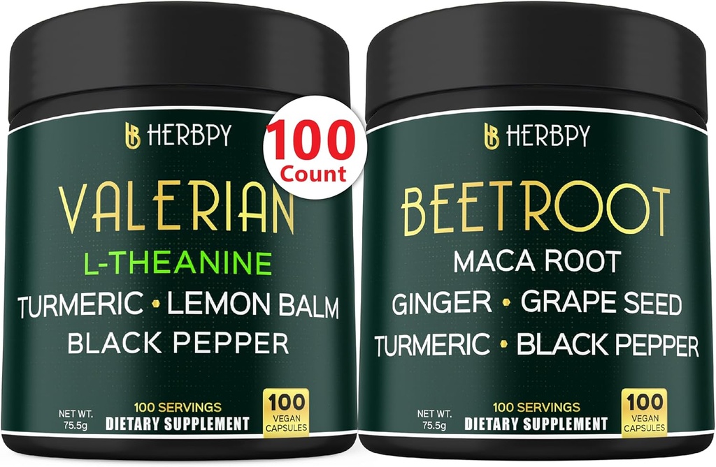 Bundle 5in1 Valerian Root Suplemento & 6in1 Beet Root Capsules - Apoyo Noche Descanso, Salud del Corazón, Digestivo e Inmune