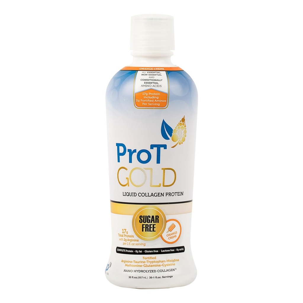 Líquido Collagen Protein Shot, 17g Clear Protein Nano-Hydrolyzed Grass Fed Collagen, 2g Arginine for Wound Support, Gluten Free, Sugar Free, 0g Carbs, Non GMO, Orange Creme, 30 fl oz Bottle