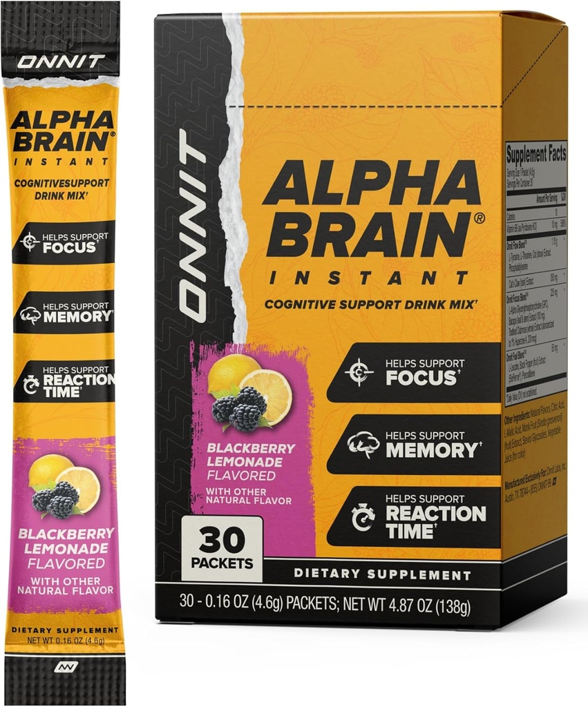 ONNIT Alpha Brain Instant Cognitive Support Drink Mix, BlackBerry Lemonade Flavor, Suplemento Nootropic para Focus, Memory y Clarity, 0.13 oz Packets, 30 Cuenta