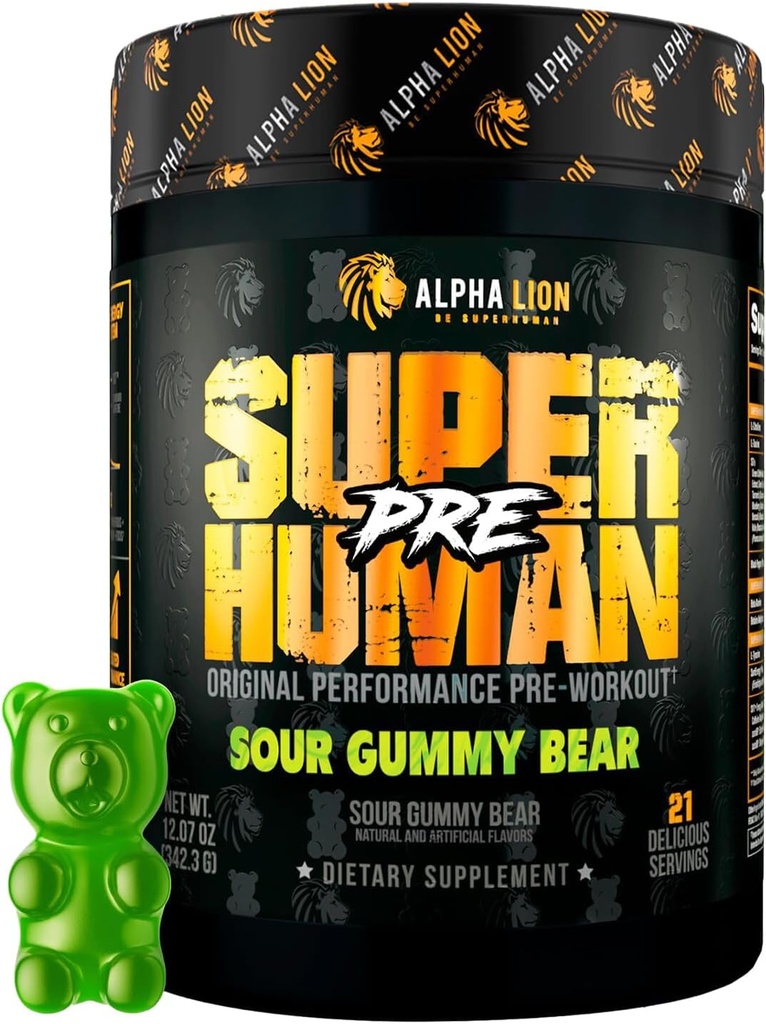 ALPHA LION Superhuman Pre Workout Powder, Beta Alanine, L-Taurine ' Tri-Source Caffeine for Sustained Energy & Focus, Nitric Oxide & Citrulline for Pump (21 Servings, Sour Gummy Bear Flavor)