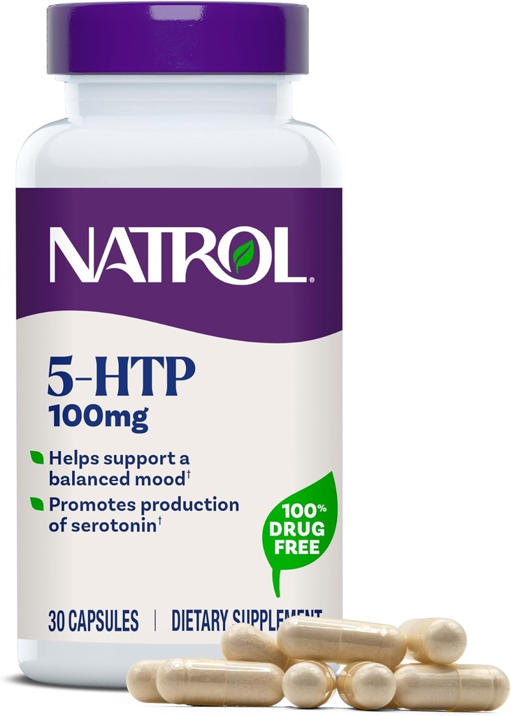 Natrol Mood + Estrés 5-HTP 100 mg, Suplemento dietético para una mezcla equilibrada, cápsulas para adultos, 30 cápsulas, hasta un suministro de 30 días