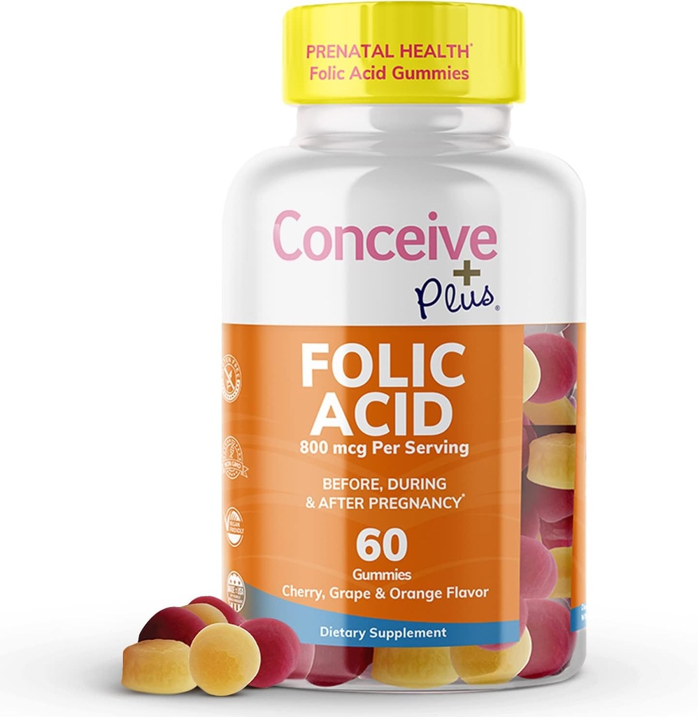 CONCEIVE PLUS Folic Acid Gummies - 800mcg Folate Supplement for Women, Natural Chewable Gummy, 3 Fruit Flavors, Non-GMO, 60 Cuenta 30 Day Supply