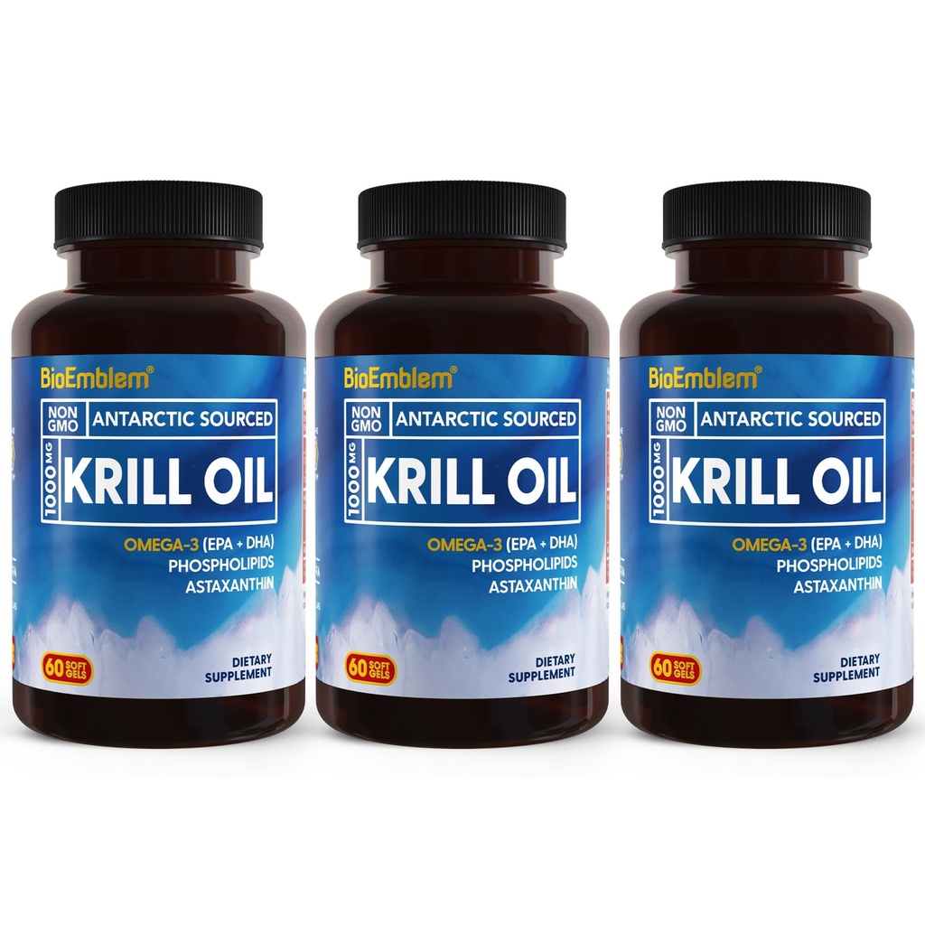 BioEmblem 3 Pack Antártico Krill Oil 1000mg Softgels, Omega-3s Oil with High Levels of EPA + DHA, Astaxanthin, and Phospholipids, Supports Brain Health, 180-Count Non-GMO, Gluten Free, 90 Days Supply