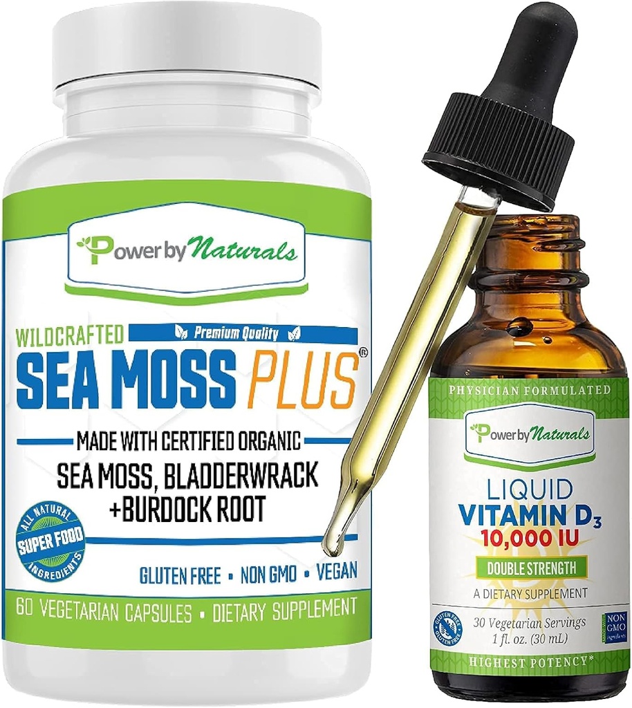 Power By Naturals Certified Organic Sea Moss Plus Supplements with Wildcrafted Irish Sea Moss & High Potency Liquid Vitamin D3 10000 IU - High Dose Vitamin D - El suplemento de vitamina D3 Sunshine