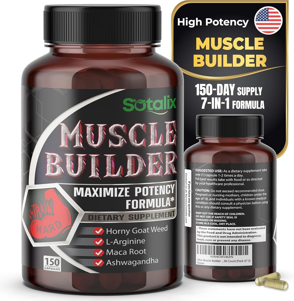 Suplemento del constructor de músculos ultra con L-Arginine & Tribulus – Soporte de entrenamiento deportivo – 150 cápsulas (provisión de 150 días)