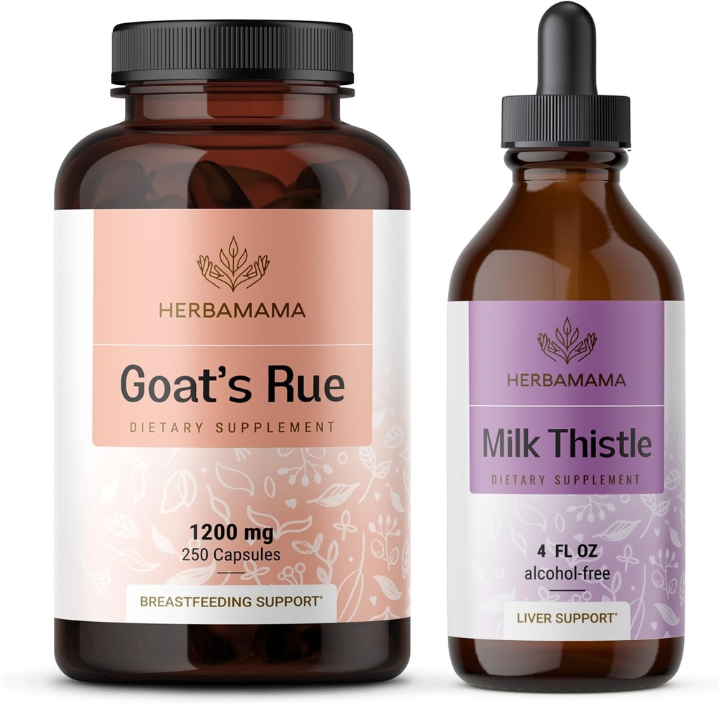 HERBAMAMA Goat's Rue and Milk Thistle Kit - Bundle of 1200 mg Goat's Rue Capsules " Milk Thistle Liver Detox Drops 4 fl oz - Vegan, Non-GMO, Sugar " Alcohol-Free - 2 Pack