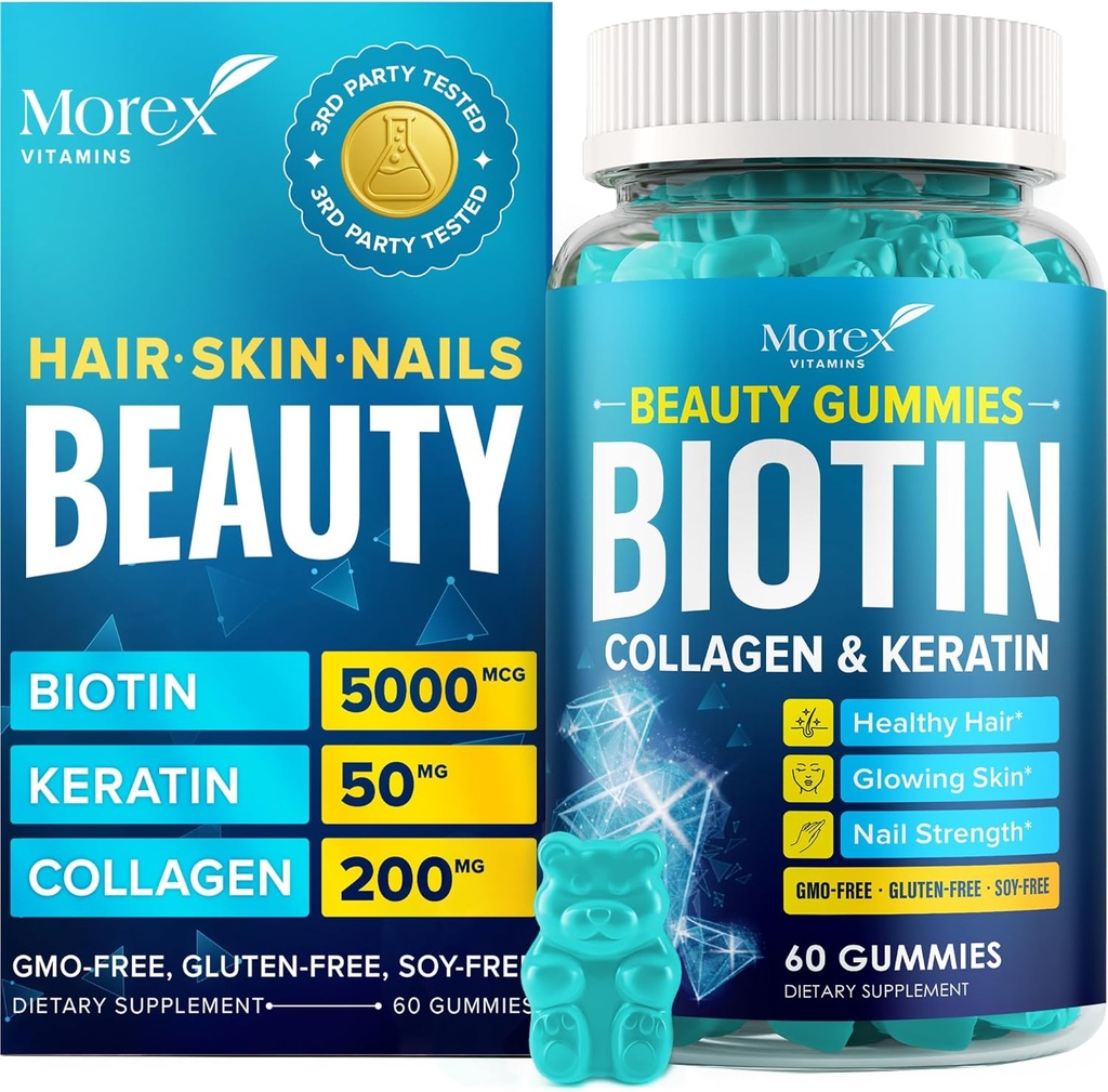 Biotina Collagen Keratin Gummies - Multivitamina Natural para el Pelo, Esquía & uñas con vitamina A, D, B7 - Anti Aging Collagen Gummy Vitaminas para Hombres & Mujeres, Hair & Nail Growth Suplemento - 60 Gummy Bears
