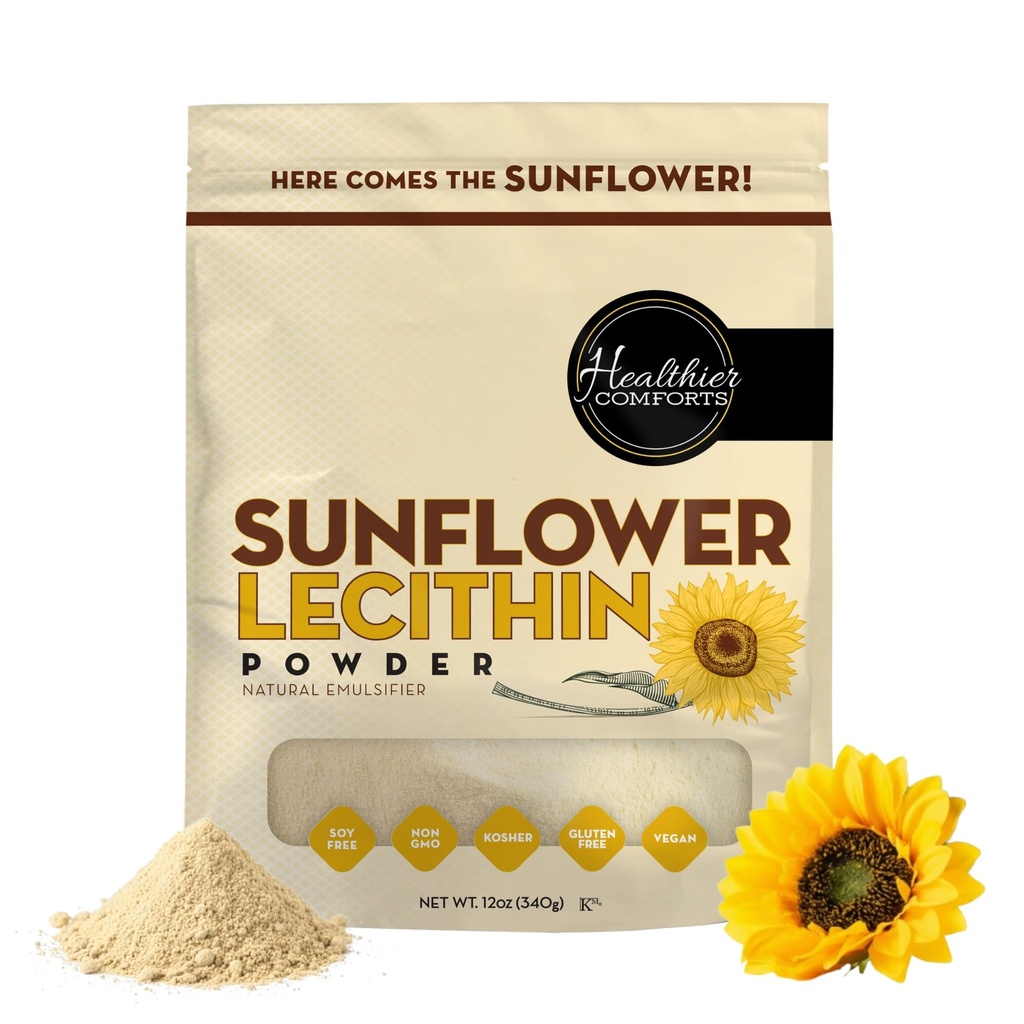 Healthier Comforts Sunflower Lecithin Powder (12 oz) | Non-GMO, Plant-Based Emulsifier for Smoothies, Baking, Chocolate, Salad Dressings & DIY Skincare | Natural Phospholipid Source