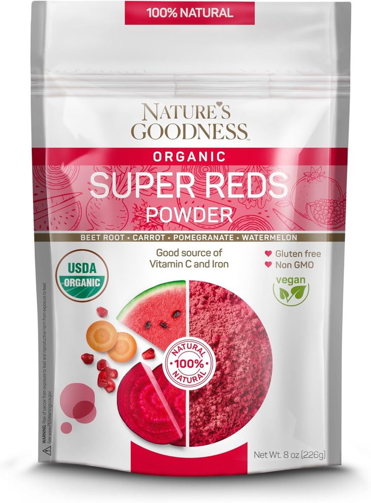 Bondad de la naturaleza Super Reds Polvo con Beet Root, Carrot, Pomegranate y sandía - Antioxidante Rich Superfood for Energy, Heart Health, y Detox – 16 Servings (8 oz)