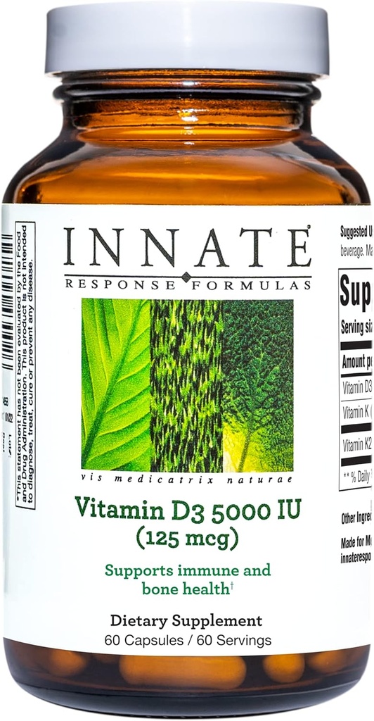 INNATE Response Fórmulas Vitamina D3 5000 UI (125 mcg) - Suplemento que apoya la salud de los inmunes y los huesos - Blend of Vitamins D3, K1, y K2 - Vegetariano - 60 cápsulas (60 piezas)