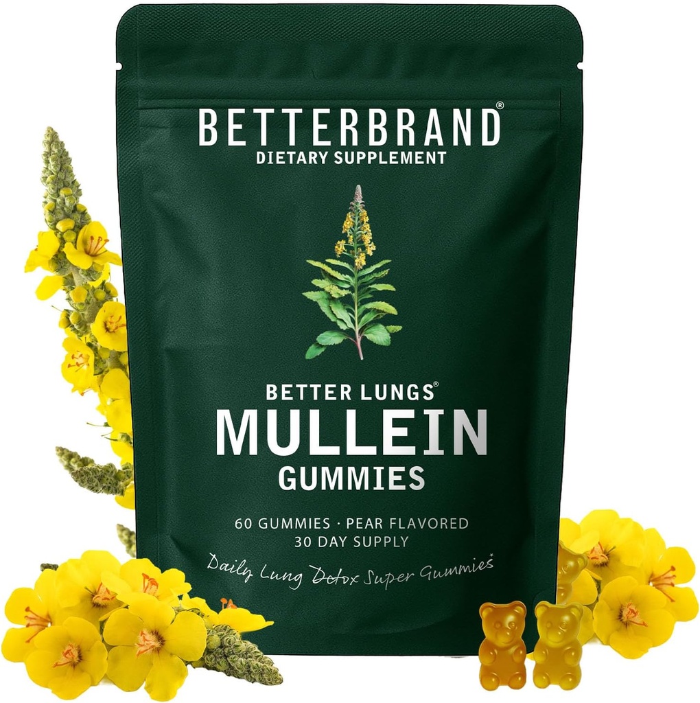 Betterbrand Mullein Gummies for Lungs – 1000mg Herbal Suplemento para el soporte respiratorio de detox pulmonar – Pear Flavor Chewable Breatheasy Gummy – 30 Day Supply