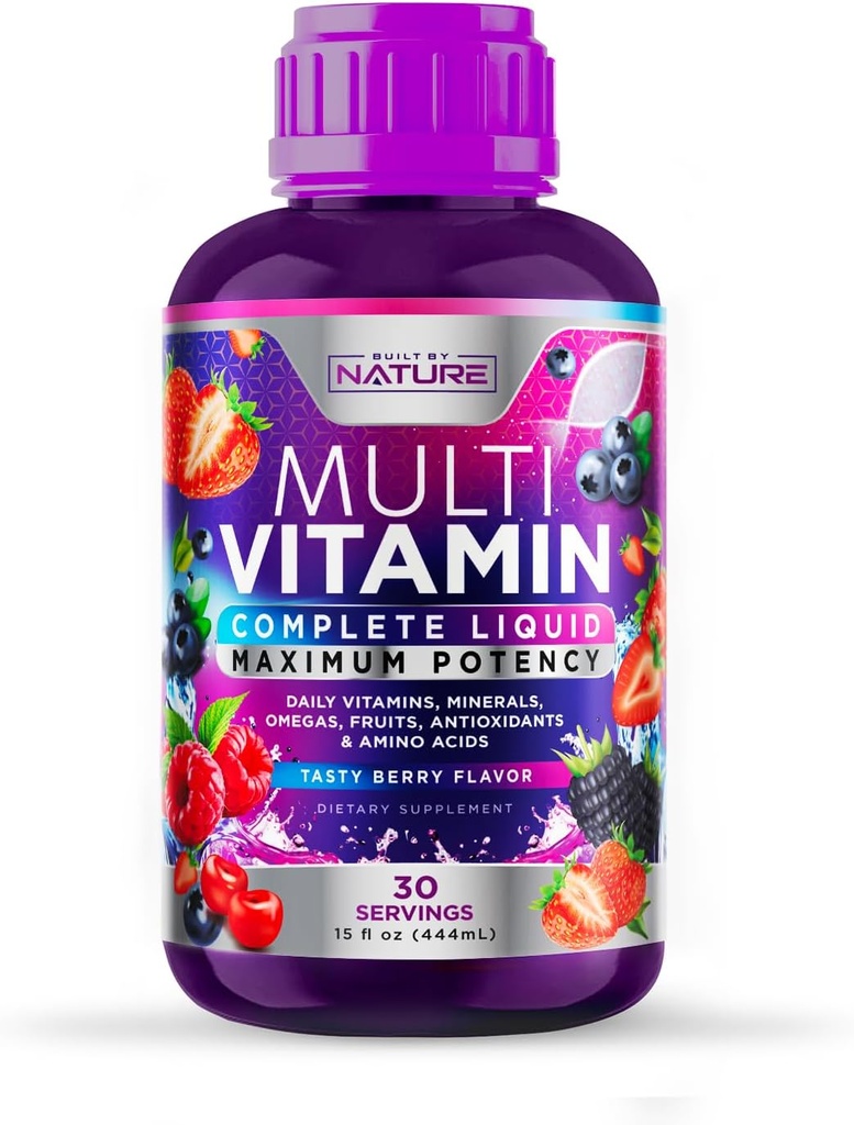 Multivitamina líquido para mujeres, hombres y niños - Suplemento de vitaminas líquidas para adultos - Multimineral natural - Vegan, no GMO, Gluten Free, Sugar Free – Delicious Berry Flavor - 15 Fl Oz, 30 Servings