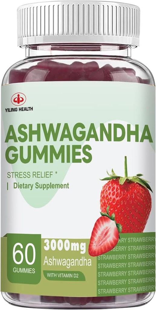 YiLing Ashwagandha Gummies for Women ' Men, 3000 Mg of High-Potency Ashwagandha Extracto de raíz Boosts Energy, Mejora el sueño, Alivia el estrés y calmas Mood, 60 Conde Fresa Flavor Ashwagandha