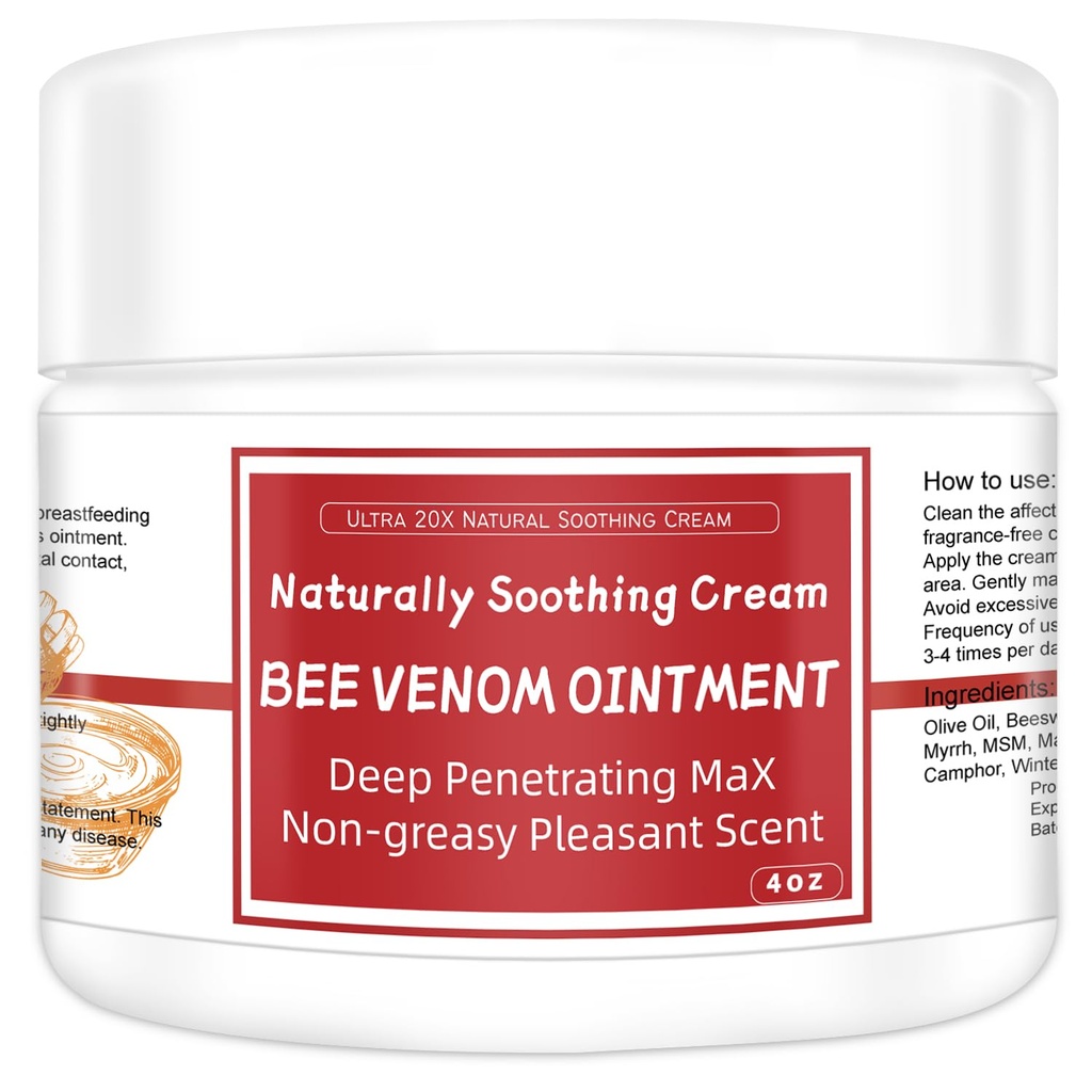 Max Strength Bee Venom Cream, Natural Organic Soothing Treatment for Psoriasis, Rash, Jock Itch, Stubborn Ringworm, Itchy, Dry Skin - All Body Skin for Children & Adults