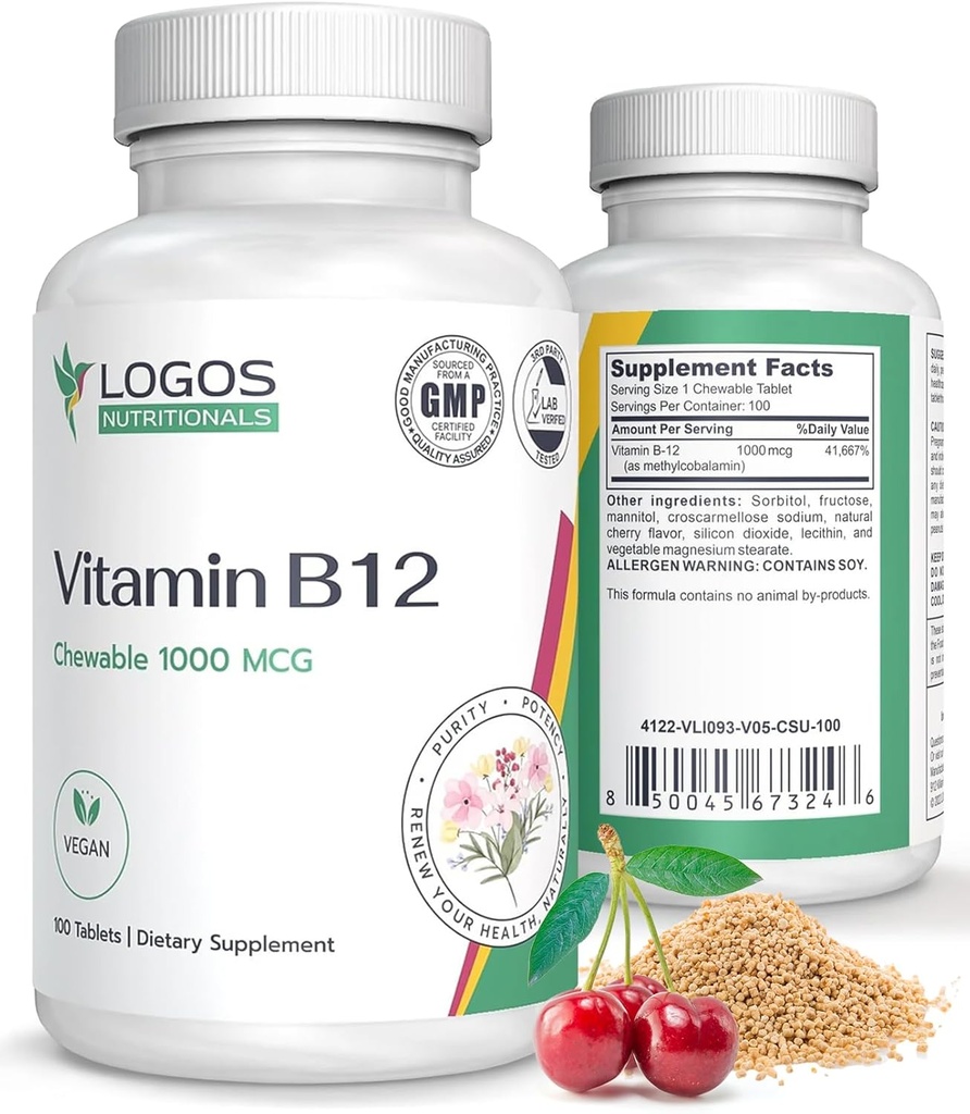 Vitamina Chewable B-12 1000 Mcg ANTE Soporta Función Cerebro Saludable > Memoria  durable Cherry-Flavored B12 Methylcobalamin Suplemento para el cabello, piel " uñas - 100 tabletas