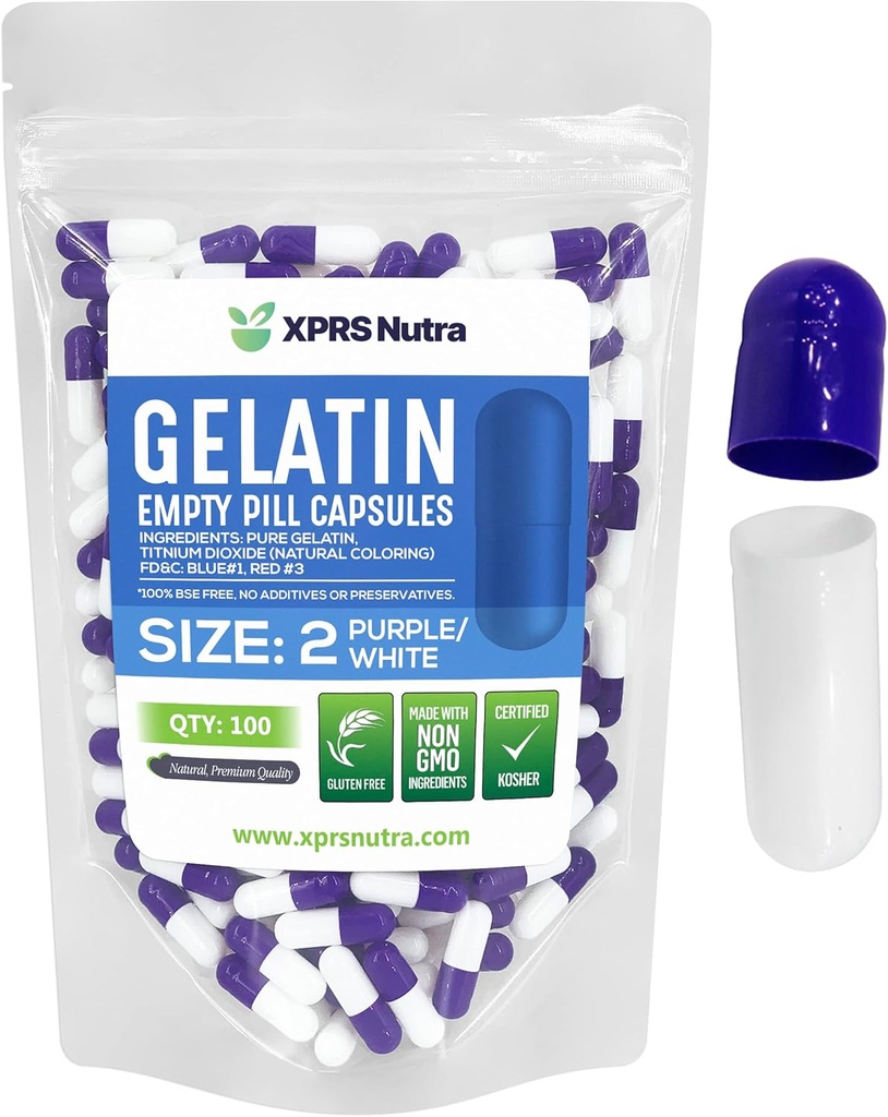 XPRS Nutra Size 2 Empty Capsules - 100 Count Empty Gelatin Capsules - Pills DIY Capsule Filling - Pure Bovine Pill Gel Caps for Do-It-youself Supplements (Purple/White)