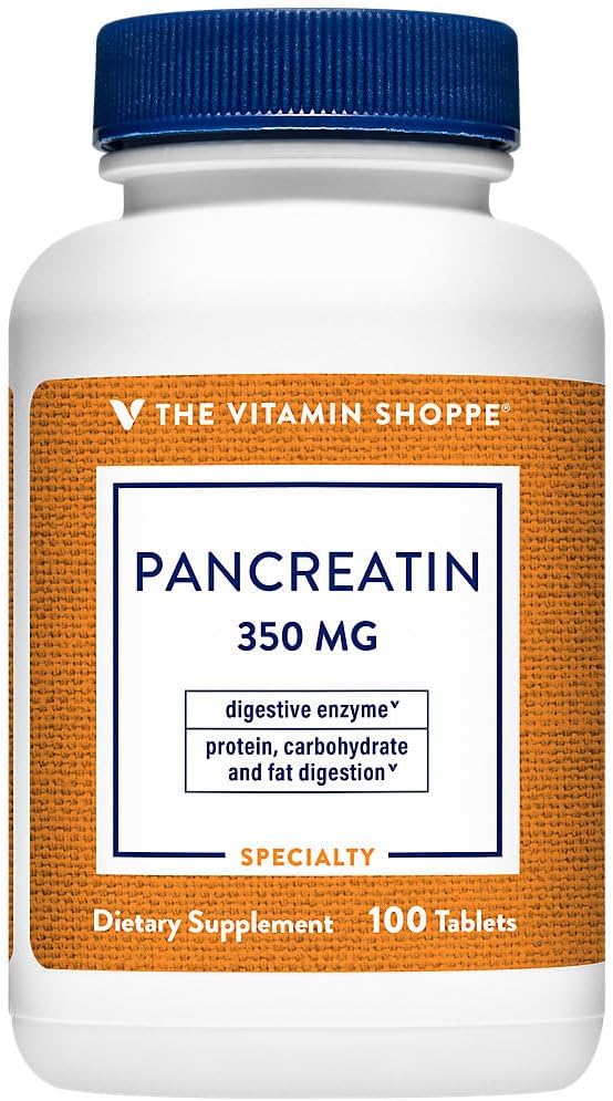 La vitamina Shoppe Pancreatina 500MG, Suplemento de Enzima Digestiva Natural, soporta la digestión de grasas, proteínas, carbohidratos (100 Tablas)