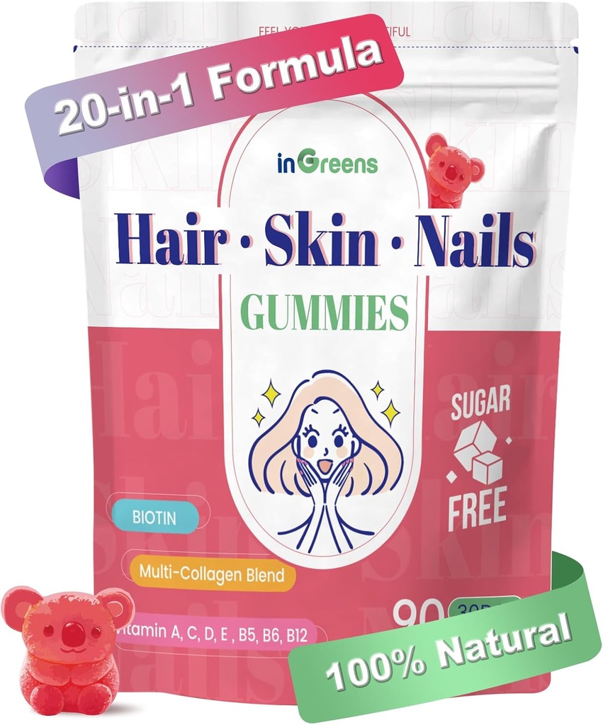 20-en-1 Peluquería y uñas Gummies, Peluquería Biotina Vitaminas para Mujeres & Hombres con 10000 mcg Biotina, Vitaminas A, C, D, E para el Crecimiento del Pelo & Esquí sano, Blanco Peach Flavor, 90 Gummies