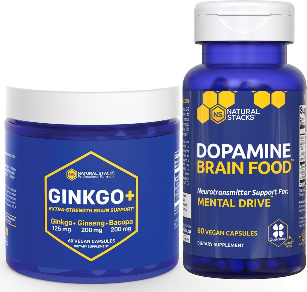 NATURAL STACKS Ginkgo Biloba + Dopamine Brain Food Bundle - Supports Focus & Mental Drive* - 120 cápsulas totales
