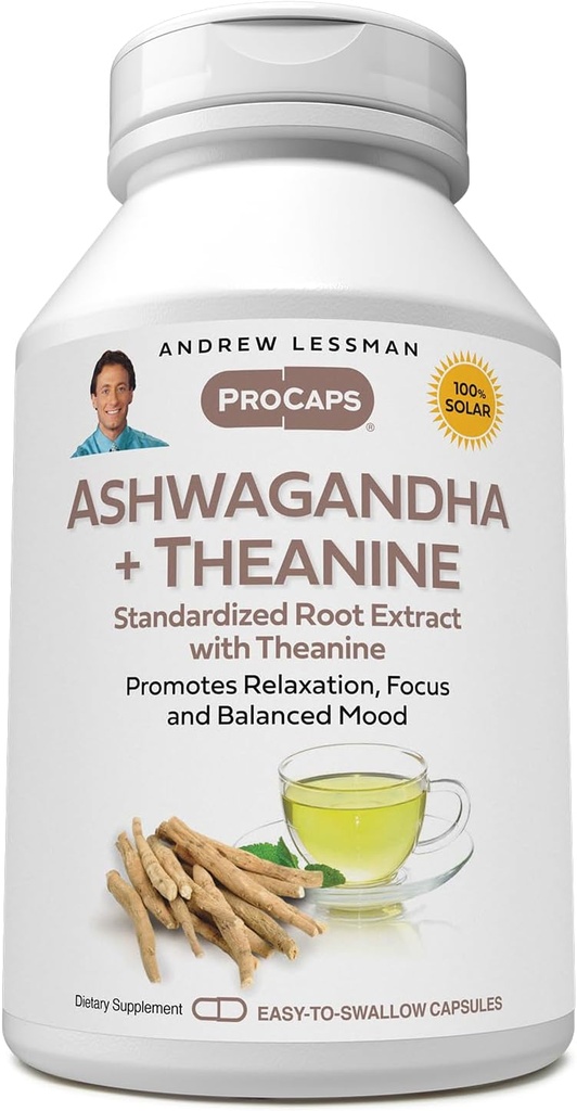 ANDREW LESSMAN Ashwagandha + Theanine 60 cápsulas - Extracto estandarizado. Promueve Relajación, Focus y Mood Equilibrado. Cápsulas pequeñas fáciles de absorber