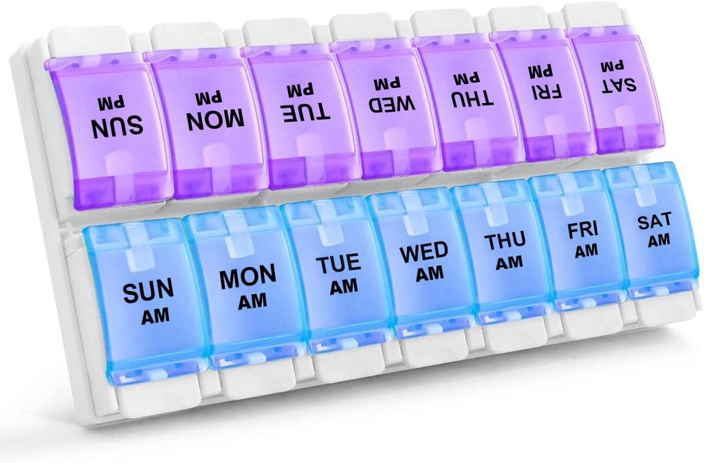 Sukuos AM PM Organizador semanal de 7 días de píldoras, 2 veces una caja de píldoras de día con artritis botón de empuje amigable, cajas de medicina para aceite/suplementos de vitamina/Fish, fácil de limpiar (Purple ventaja azul)