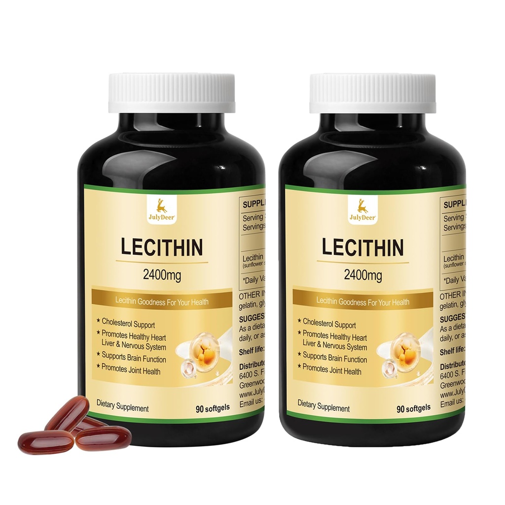 JulyDeer 2 Bottles Sunflower Lecithin 2400mg 90 Softgels Rich in Phosphatidyl Choline, Non-GMO, Soy Free, Gluten Free Supplement Nervous System Support