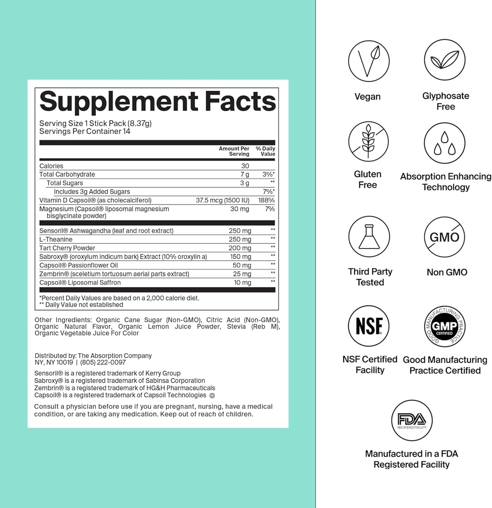 Calm Drink Mix - Relax Aid with Magnesium, Ashwagandha, L-Theanine, " Vitamina D - Soporta la Regulación de Cortisol y Mood for Men & Women - Watermelon Lemonade Flavor 28 Sticks