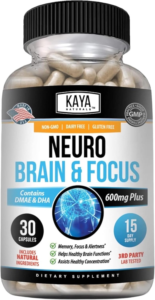 Kaya Naturals - Neuro Brain for Memory & Focus - Cápsula de energía nootrópica - Suplemento Nootropic Brain Support - Focus " Concentration " Learning Accuracy - Función cognitiva - 30 Conde