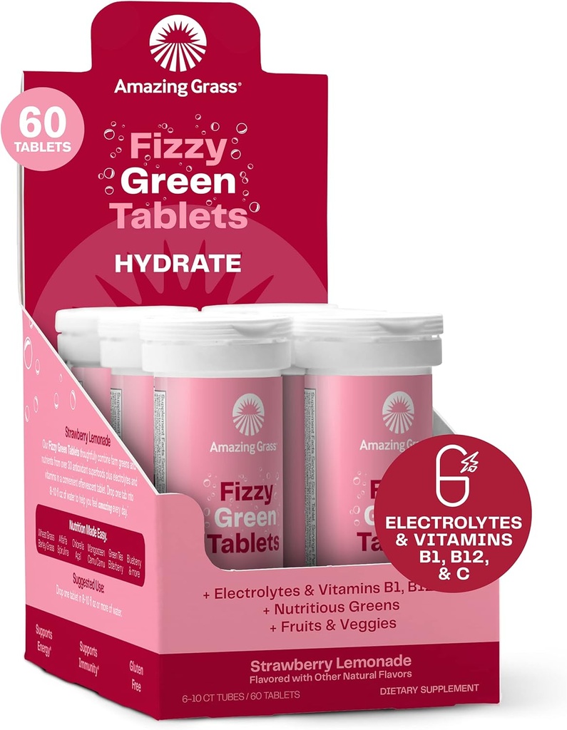 Increíble Grass Electrolyte Tablets, Fizzy Greens Water Flavoring Tablet with Vitamins, Hydrate Strawberry Lemonade, 10 Count (Pack of 6) (Packaging May Vary)