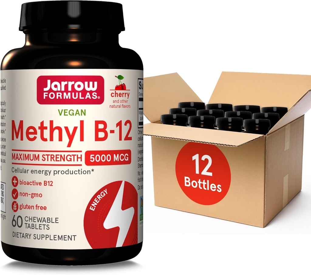Jarrow Fórmulas Máxima Fuerza Metil B-12 5000 mcg, Suplemento dietético para producción de energía celular y apoyo a la salud cerebral, 60 tabletas Chewable con sabor a cereza, 60 Day Supply, Pack de 12