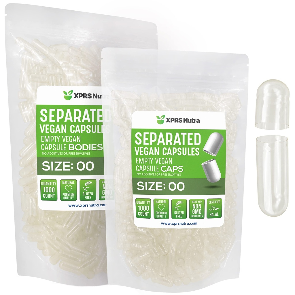 XPRS Nutra Vegan Tamaño 00 cápsulas separadas - 1000 cápsulas de vacío Premium de cuenta separadas en bolsas - Limpiar el vacío 00 pastillas para relleno de suplementos de bricolaje