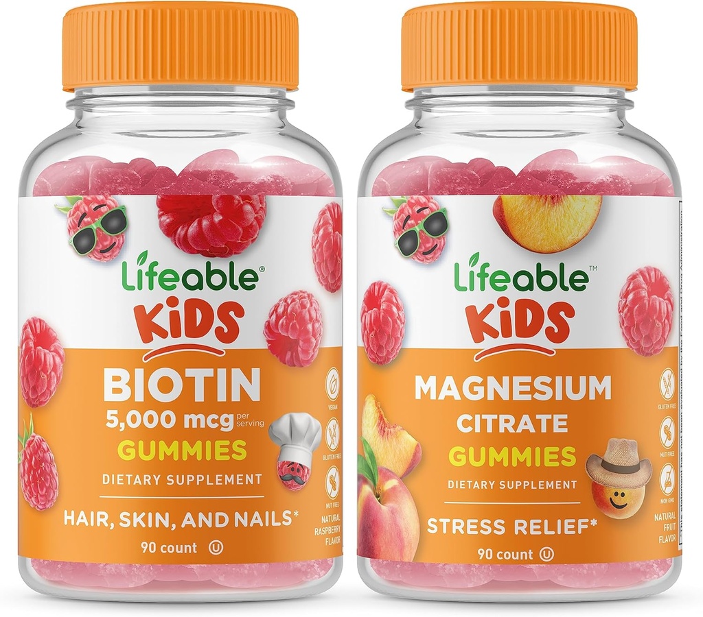Lifeable Biotin Kids + Magnesium Citrate Kids, Gummies Bundle - Great Tasting, Vitamin Supplement, Gluten Free, GMO Gratis, Chewable Gummy