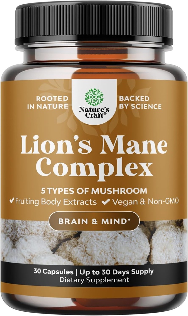 Avanzado suplemento de seno de león - Lions Mane suplemento cápsulas con Reishi, Chaga, Maitake " Shiitake para la memoria de salud cerebral " Focus - Nootropic para la claridad mental - 30 caps