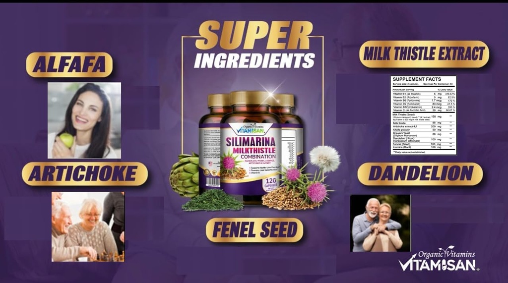 Milk Thistle silimarina con Dandelion, Fennel. Licorice, Artichoke Alfalfa Detox & Cleaning Formula Support Liver 120 Capsules