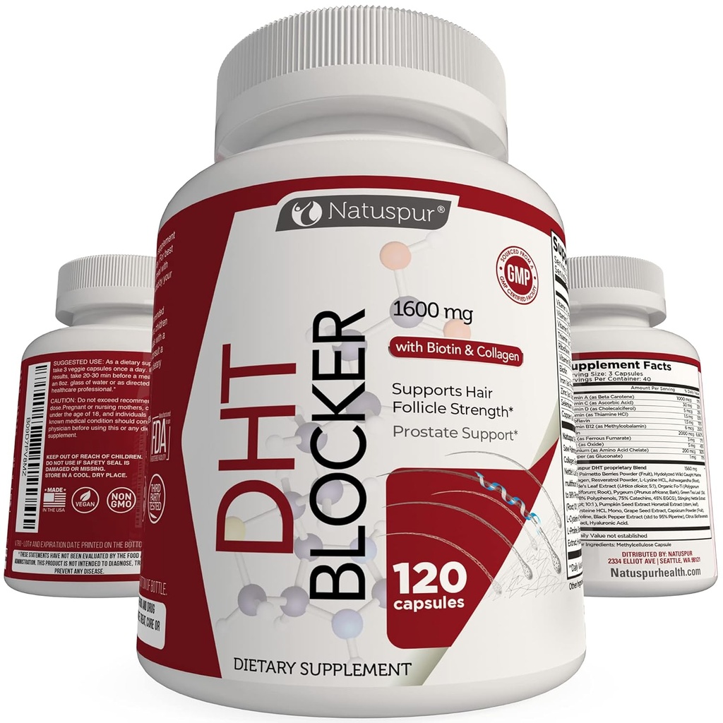 DHT Blocker Hair Growth Support Supplement, with Organic Saw Palmetto, Green Tea Extract, Biotin & Collagen for Hair Loss & Boosts Hair Regrowth for Men & Women - Gluten-Free, Vegetarian